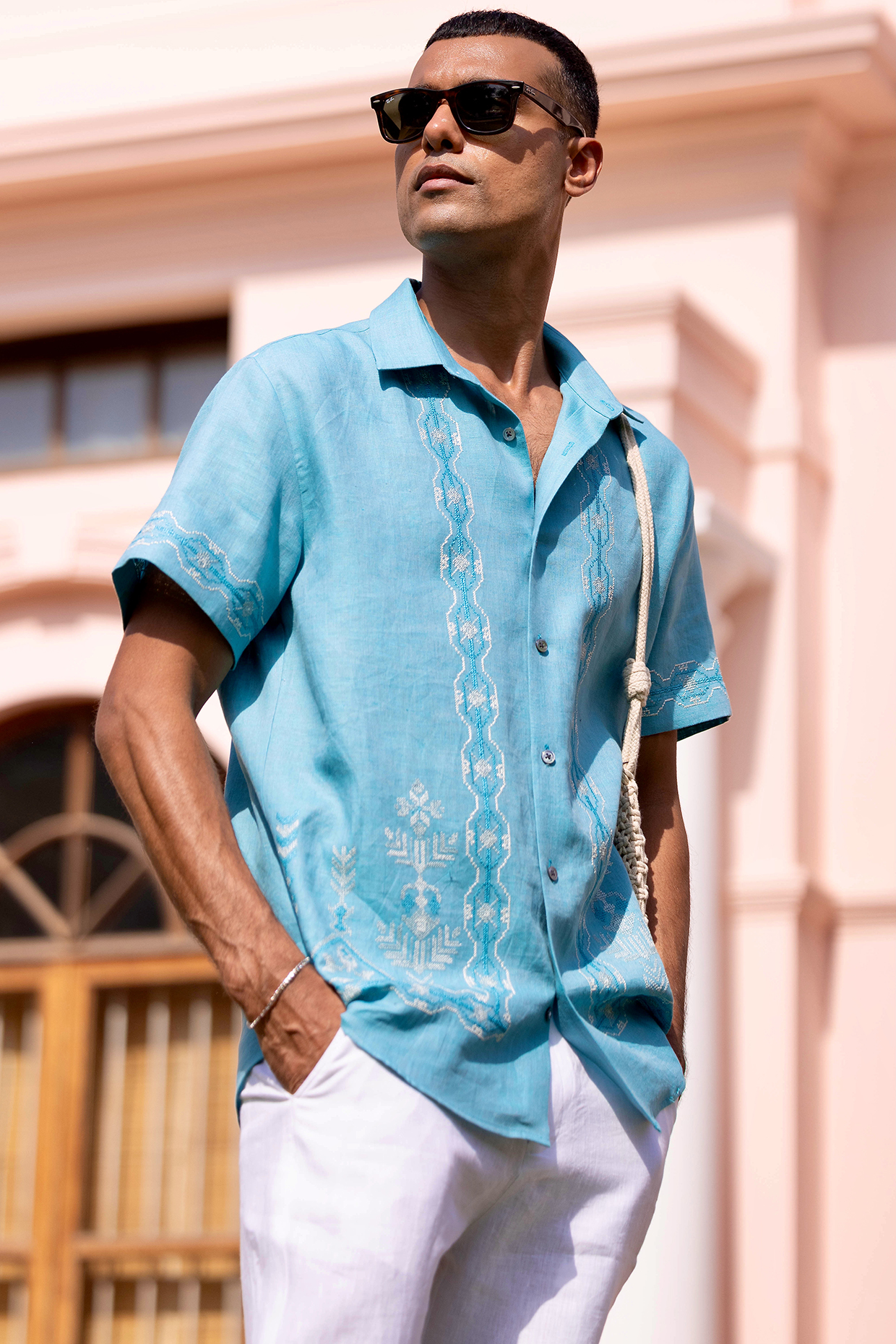 Turquoise Blue Pure Linen Embroidered Shirt by ASUKA