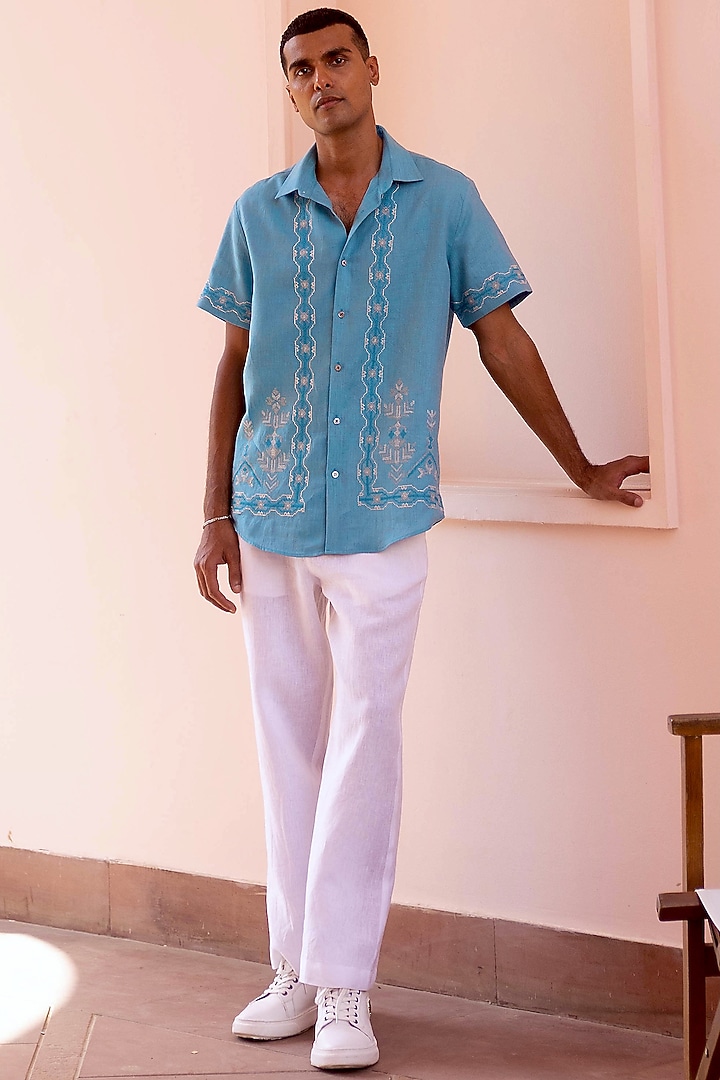 Turquoise Blue Pure Linen Embroidered Party Wear Shirt by ASUKA at Pernia's Pop Up Shop