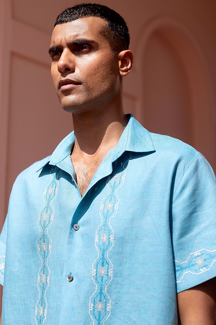 Turquoise Blue Pure Linen Embroidered Party Wear Shirt by ASUKA at Pernia's Pop Up Shop