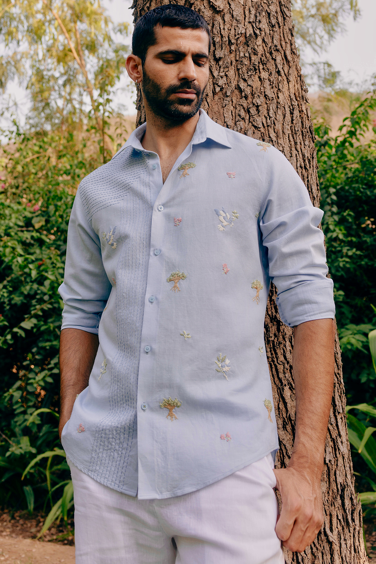 Ice Blue Pure Linen Floral Hand Embroidered Shirt by ASUKA