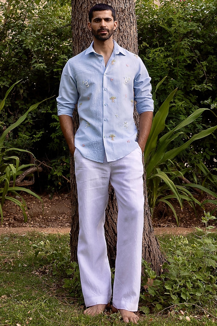 Ice Blue Pure Linen Floral Hand Embroidered Party Wear Shirt by ASUKA at Pernia's Pop Up Shop