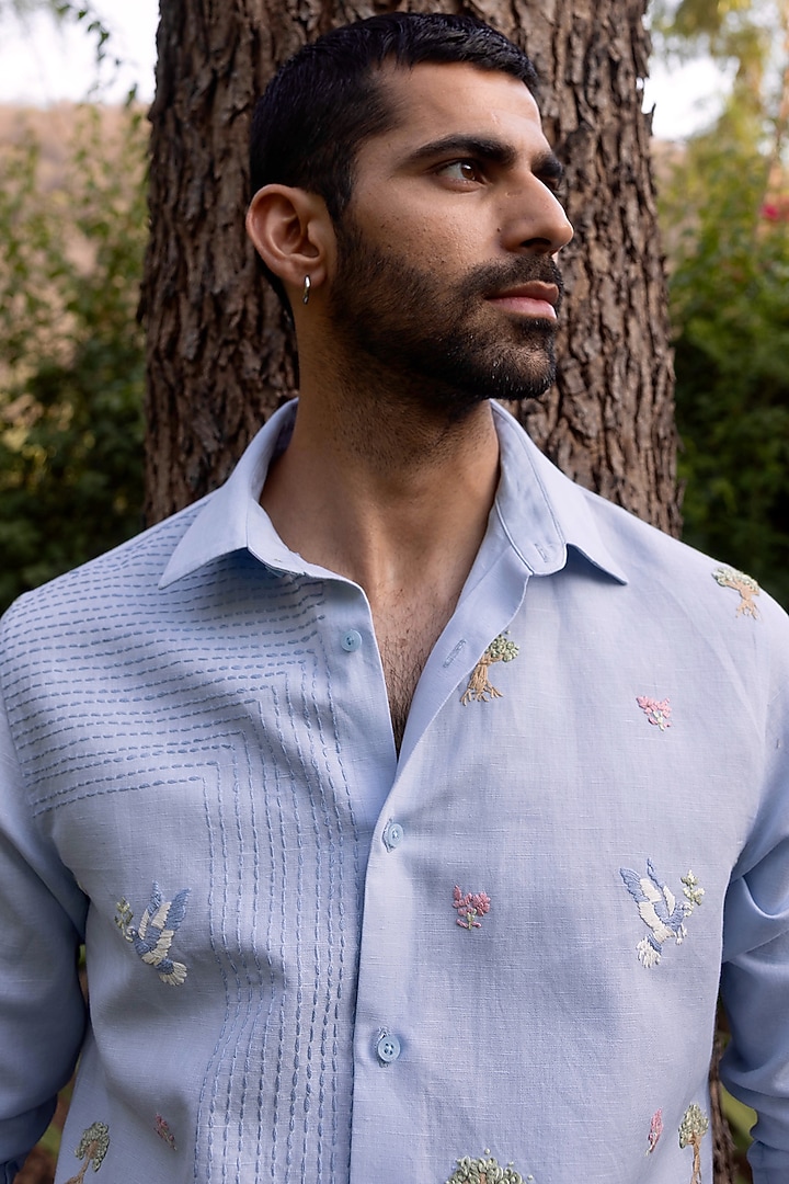 Ice Blue Pure Linen Floral Hand Embroidered Party Wear Shirt by ASUKA at Pernia's Pop Up Shop