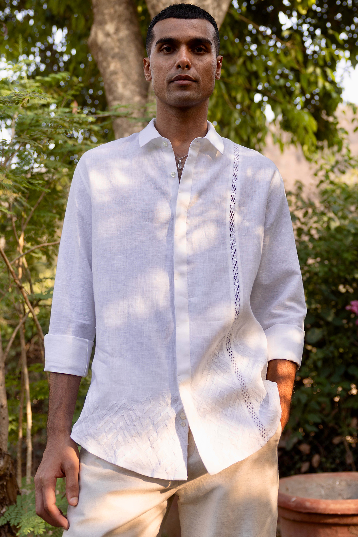 White Pure Linen Thread Embroidered Shirt by ASUKA