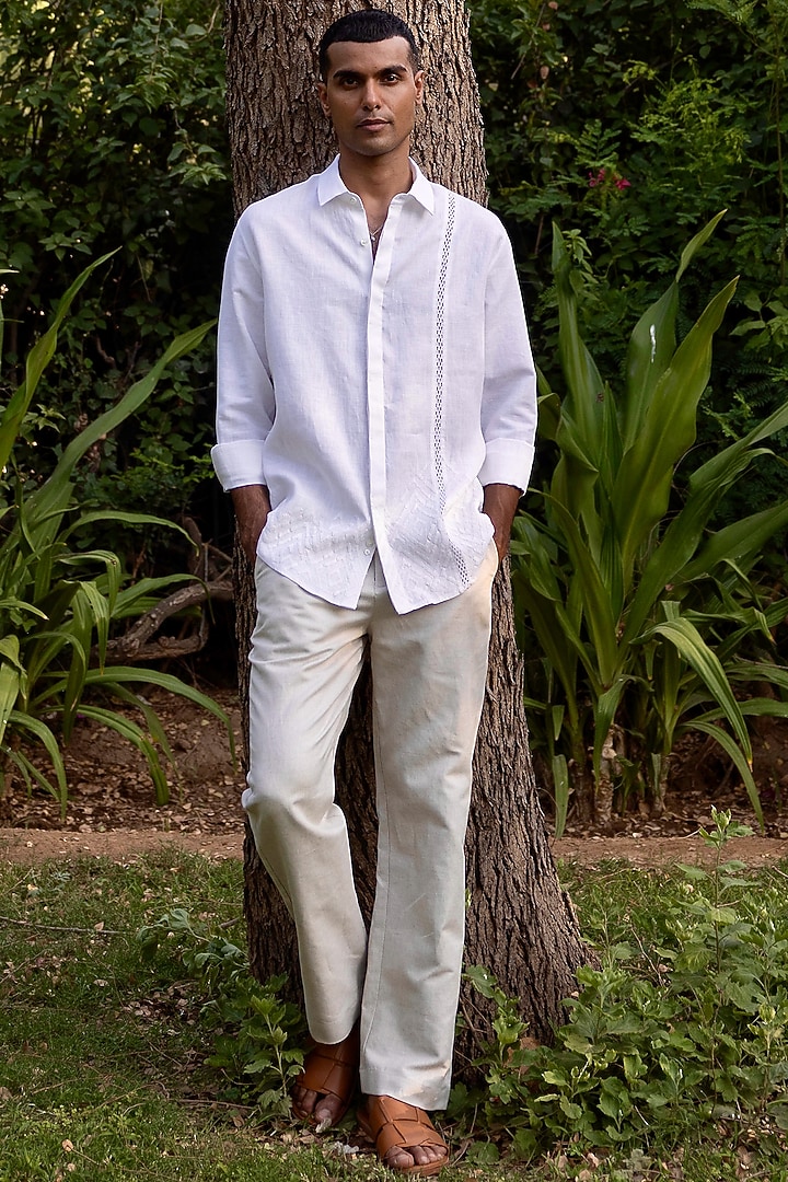 White Pure Linen Thread Embroidered Party Wear Shirt by ASUKA at Pernia's Pop Up Shop