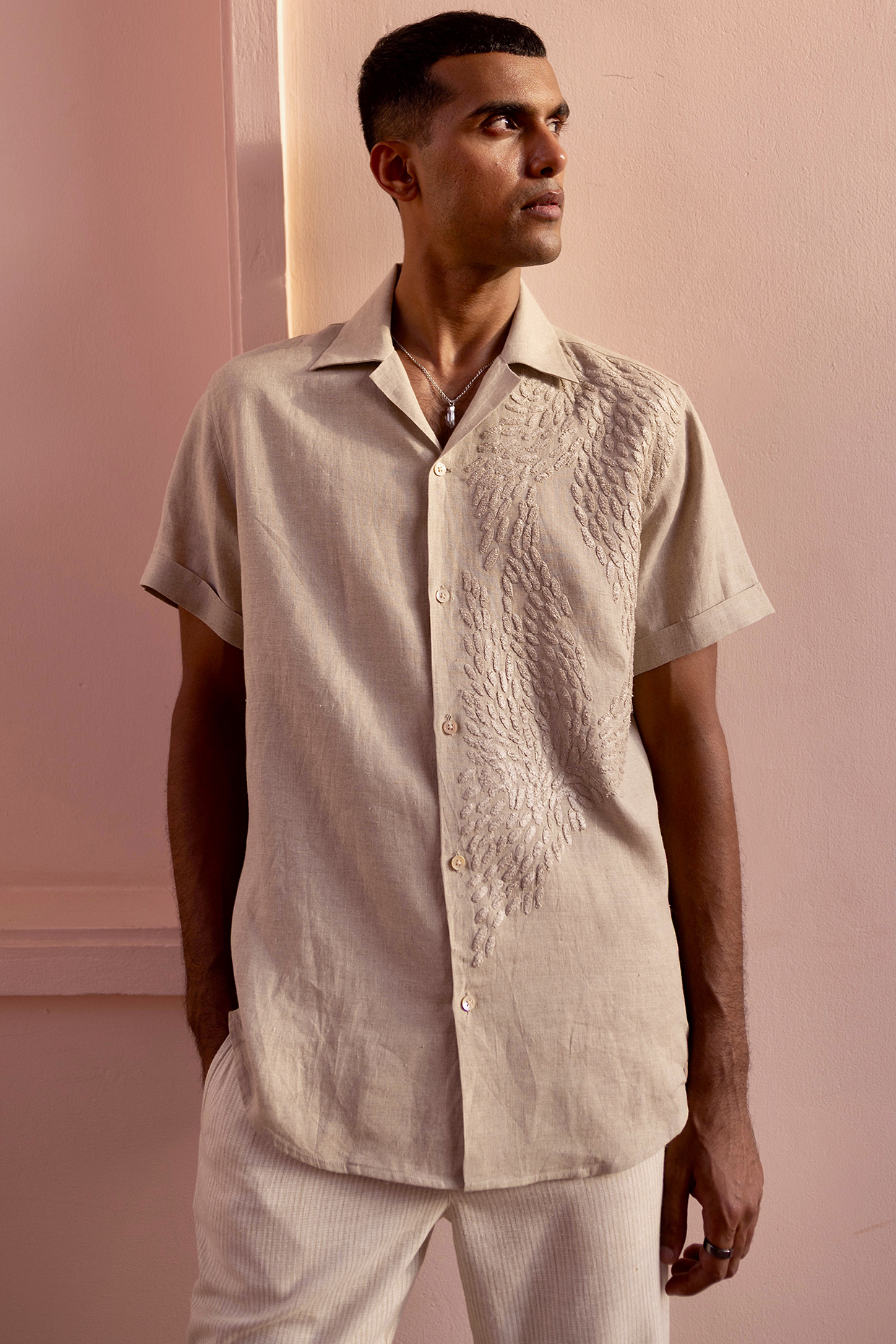 Natural-Beige Pure Linen Tonal Embroidered Shirt by ASUKA