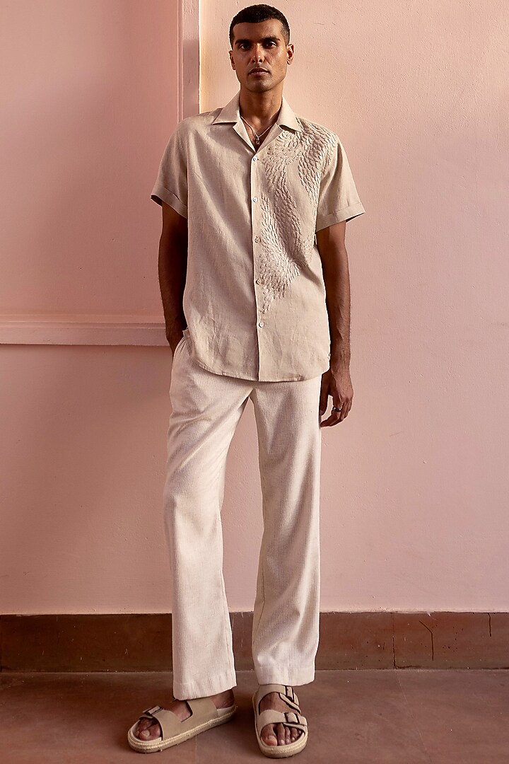 Natural-Beige Pure Linen Tonal Embroidered Party Wear Shirt by ASUKA at Pernia's Pop Up Shop