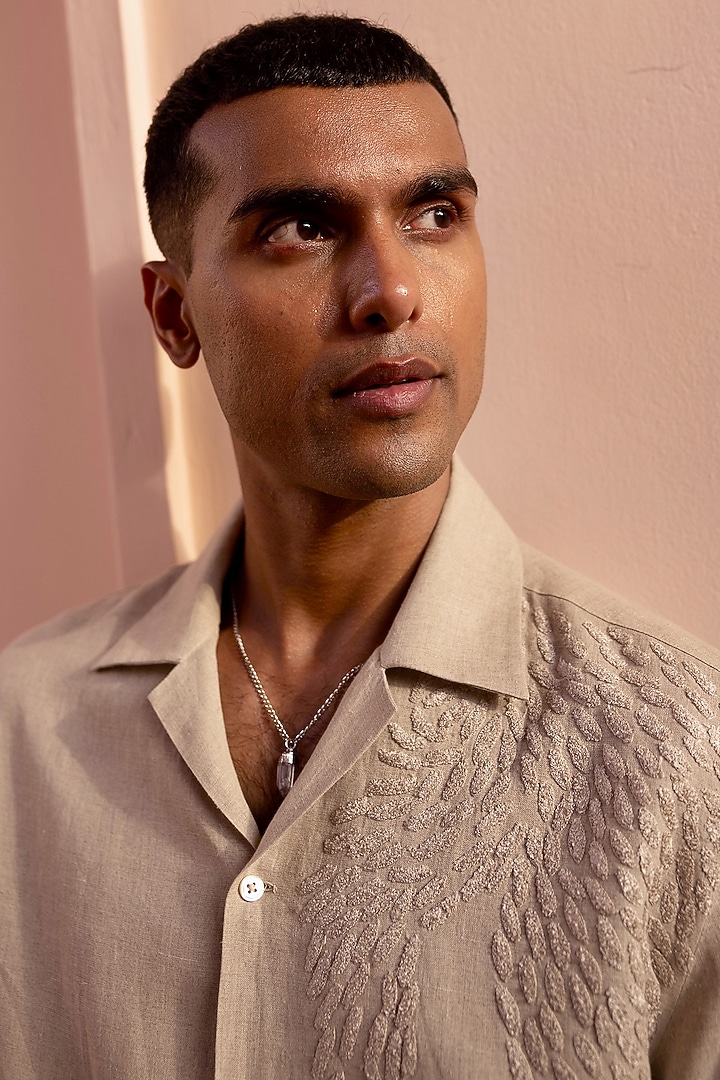 Natural-Beige Pure Linen Tonal Embroidered Party Wear Shirt by ASUKA at Pernia's Pop Up Shop