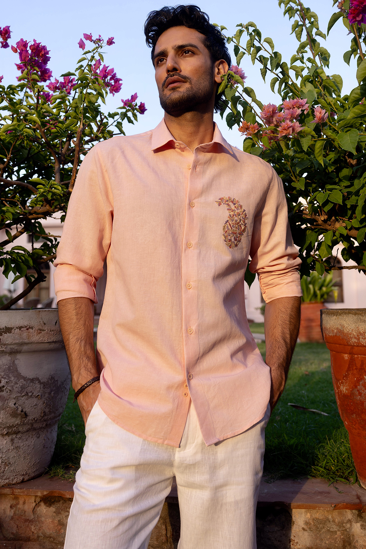Peach Pure Linen Hand Embroidered Shirt by ASUKA