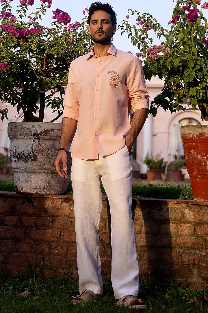Peach Pure Linen Hand Embroidered Summer Shirt by ASUKA at Pernia's Pop Up Shop