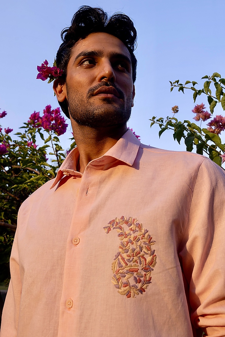 Peach Pure Linen Hand Embroidered Summer Shirt by ASUKA at Pernia's Pop Up Shop