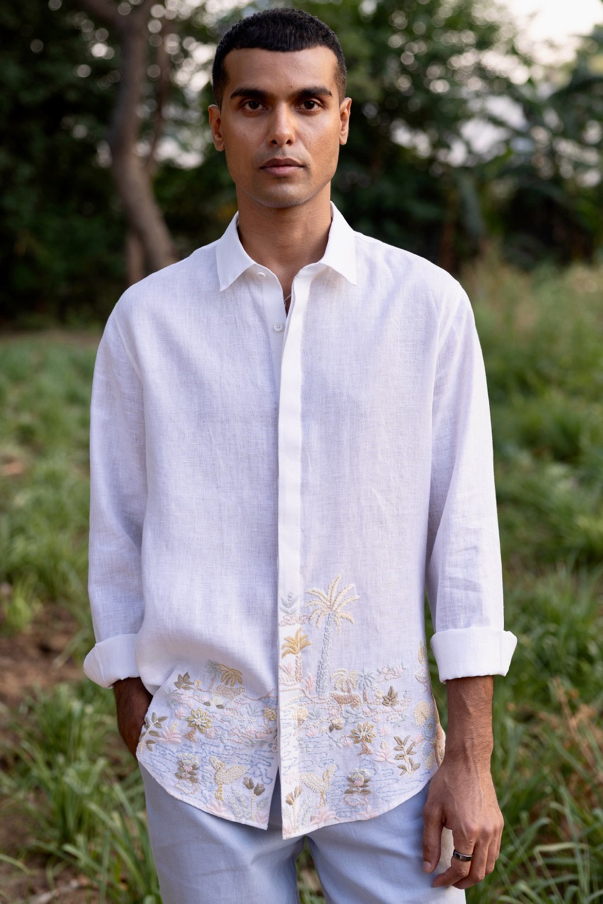 White Pure Linen Hand Embroidered Shirt by ASUKA
