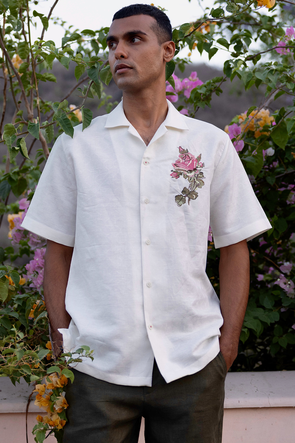 White Jacquard Pure Linen Machine Embroidered Shirt by ASUKA