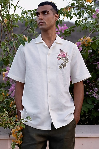 White Jacquard Pure Linen Machine Embroidered Shirt by ASUKA