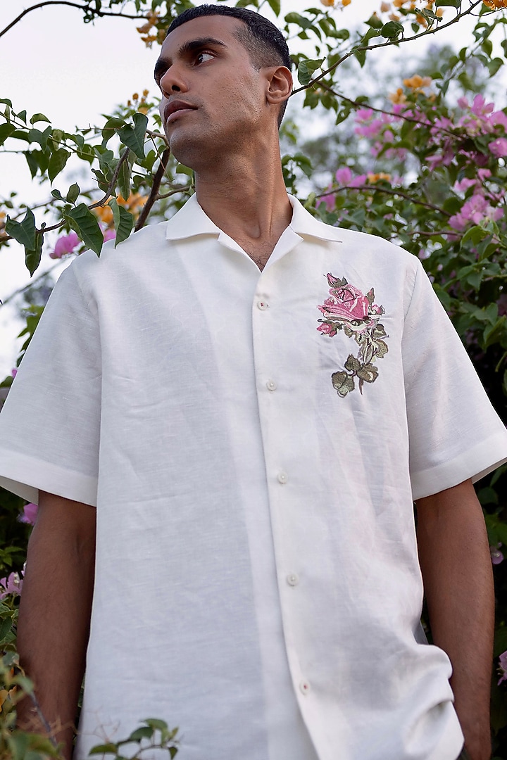 White Jacquard Pure Linen Machine Embroidered Summer Shirt by ASUKA at Pernia's Pop Up Shop