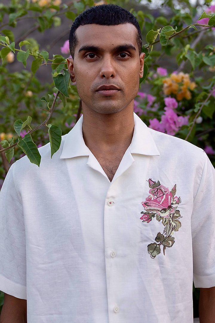 White Jacquard Pure Linen Machine Embroidered Summer Shirt by ASUKA at Pernia's Pop Up Shop