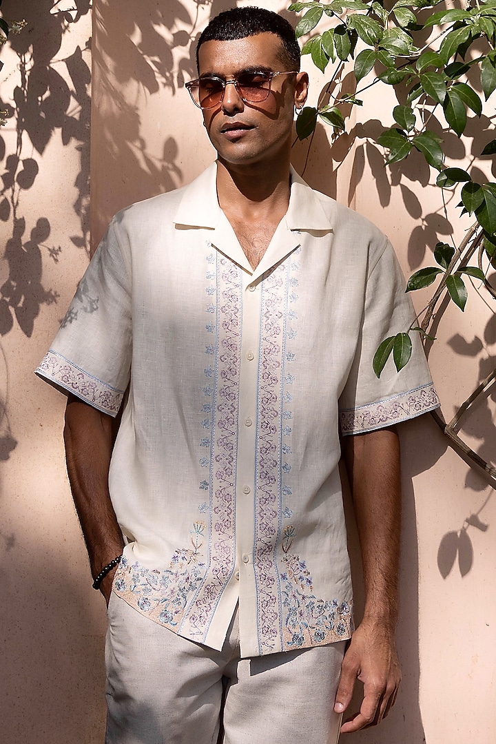 Cream Pure Linen Embroidered Shirt by ASUKA