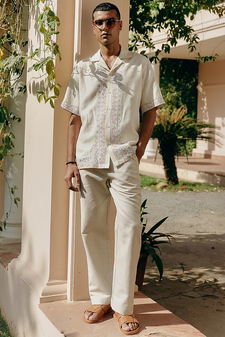Cream Pure Linen Embroidered Party Wear Shirt by ASUKA at Pernia's Pop Up Shop