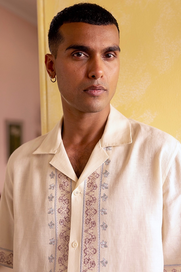 Cream Pure Linen Embroidered Party Wear Shirt by ASUKA at Pernia's Pop Up Shop