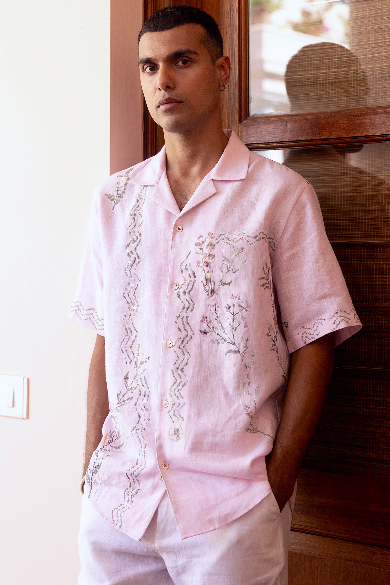 Baby Pink Pure Linen Chambray Embroidered Shirt by ASUKA