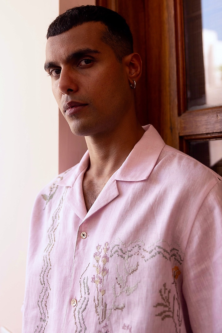 Baby Pink Pure Linen Chambray Embroidered Party Wear Shirt by