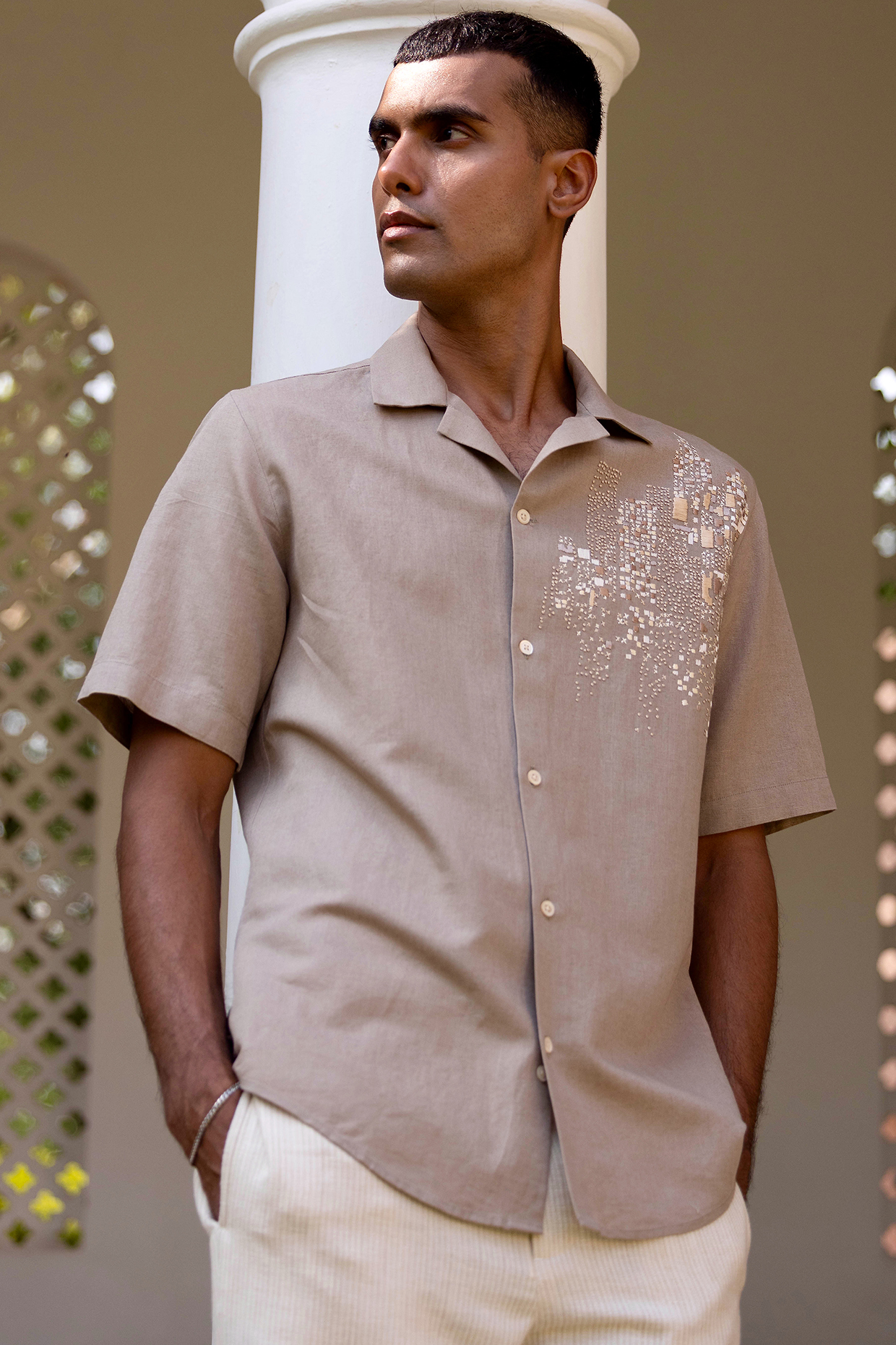 Light Brown Pure Linen Hand Embroidered Shirt by ASUKA