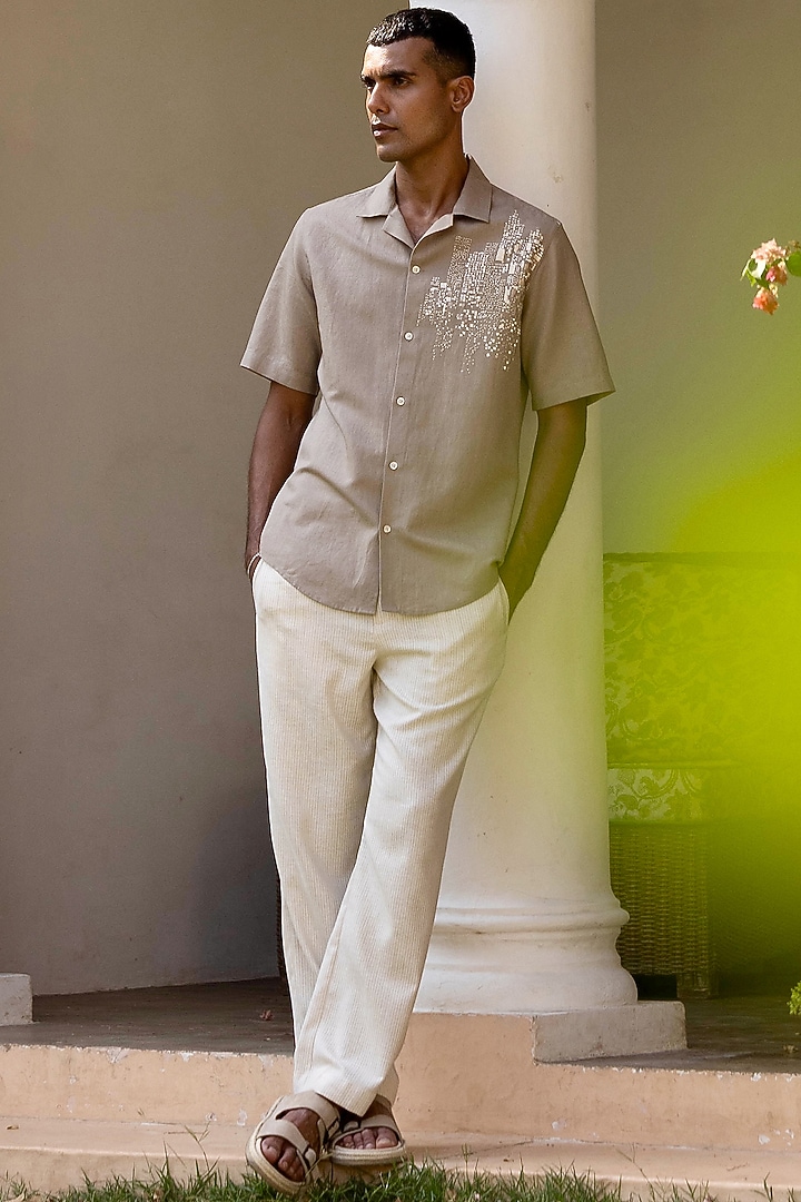 Light Brown Pure Linen Hand Embroidered Party Wear Shirt by ASUKA at Pernia's Pop Up Shop