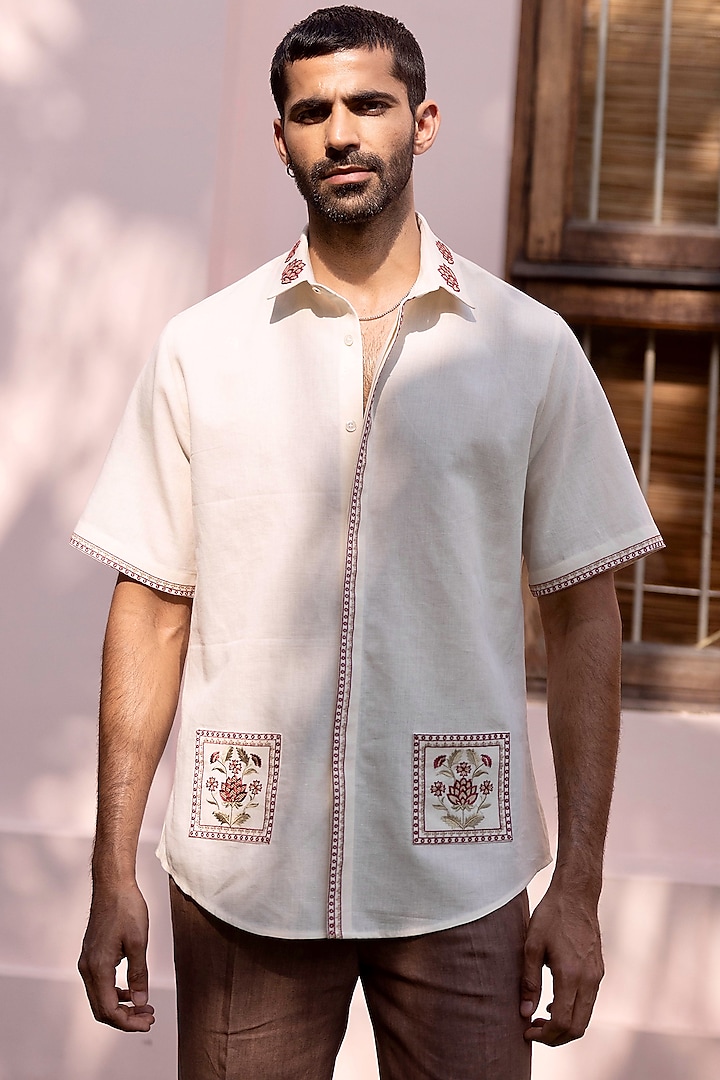 Cream Cotton Linen Embroidered Shirt by ASUKA