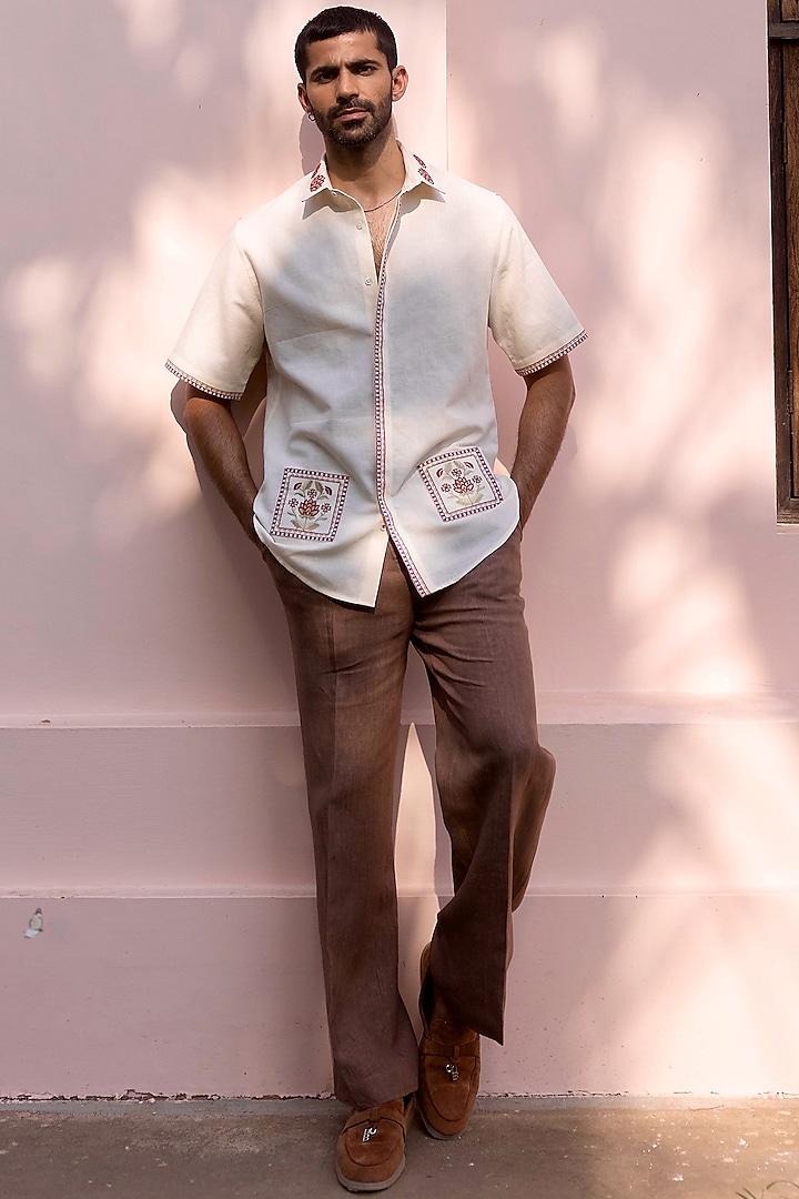 Cream Cotton Linen Embroidered Summer Shirt by ASUKA at Pernia's Pop Up Shop