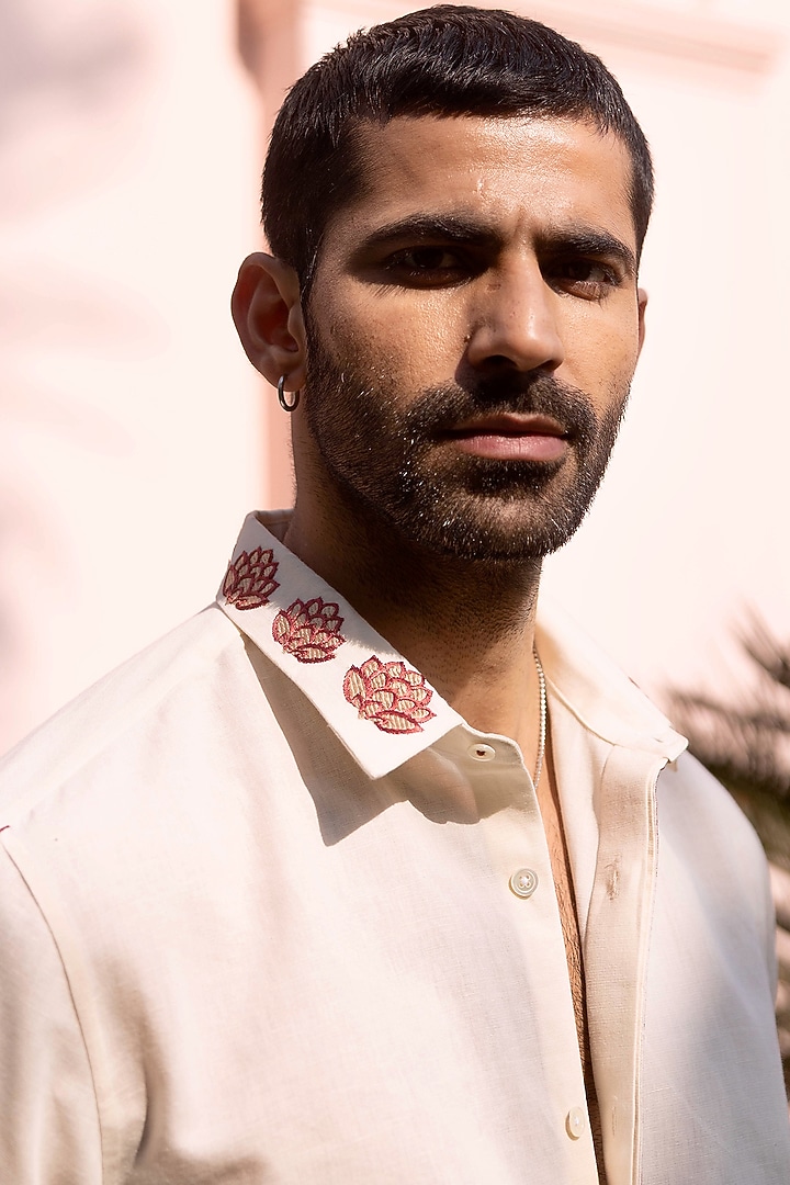 Cream Cotton Linen Embroidered Summer Shirt by ASUKA at Pernia's Pop Up Shop