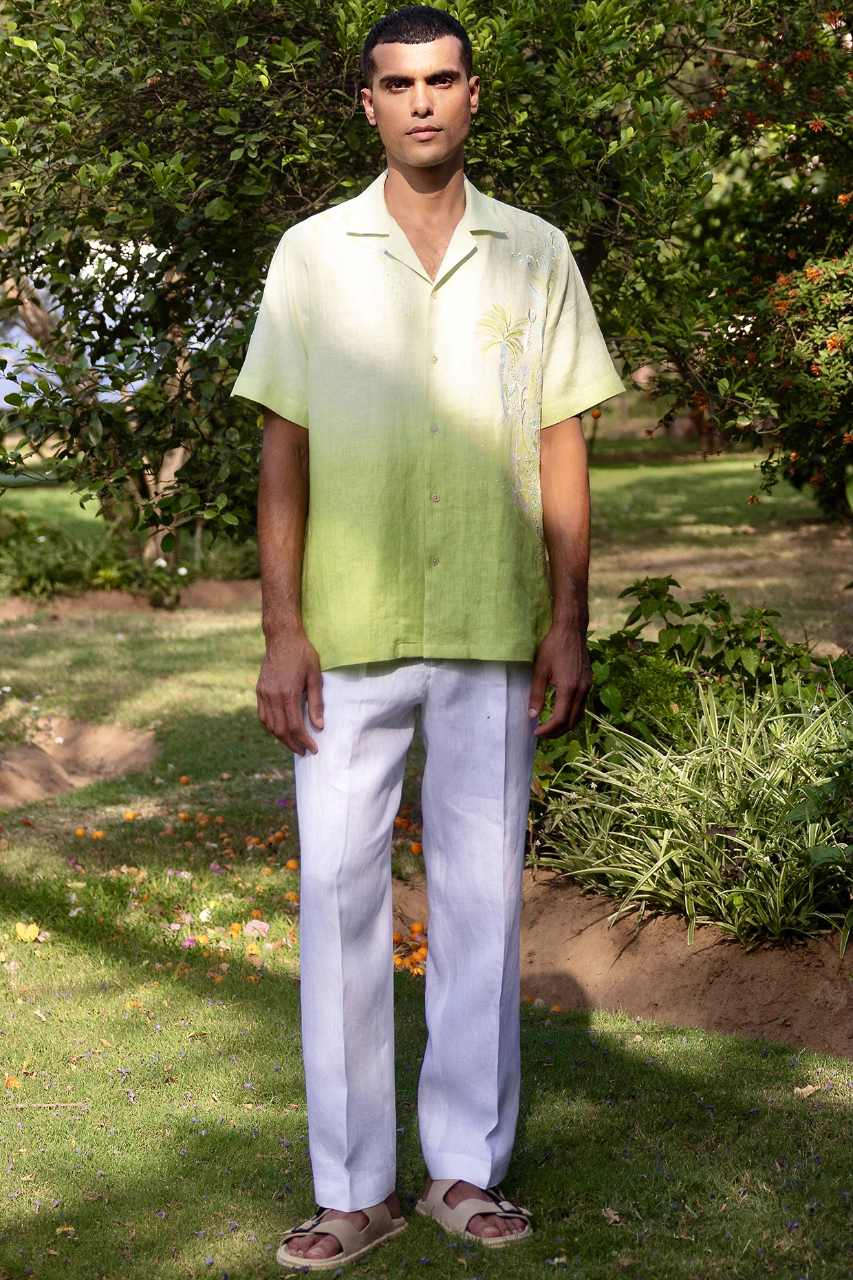 Green Ombre-Dyed Pure Linen Embroidered Shirt by ASUKA