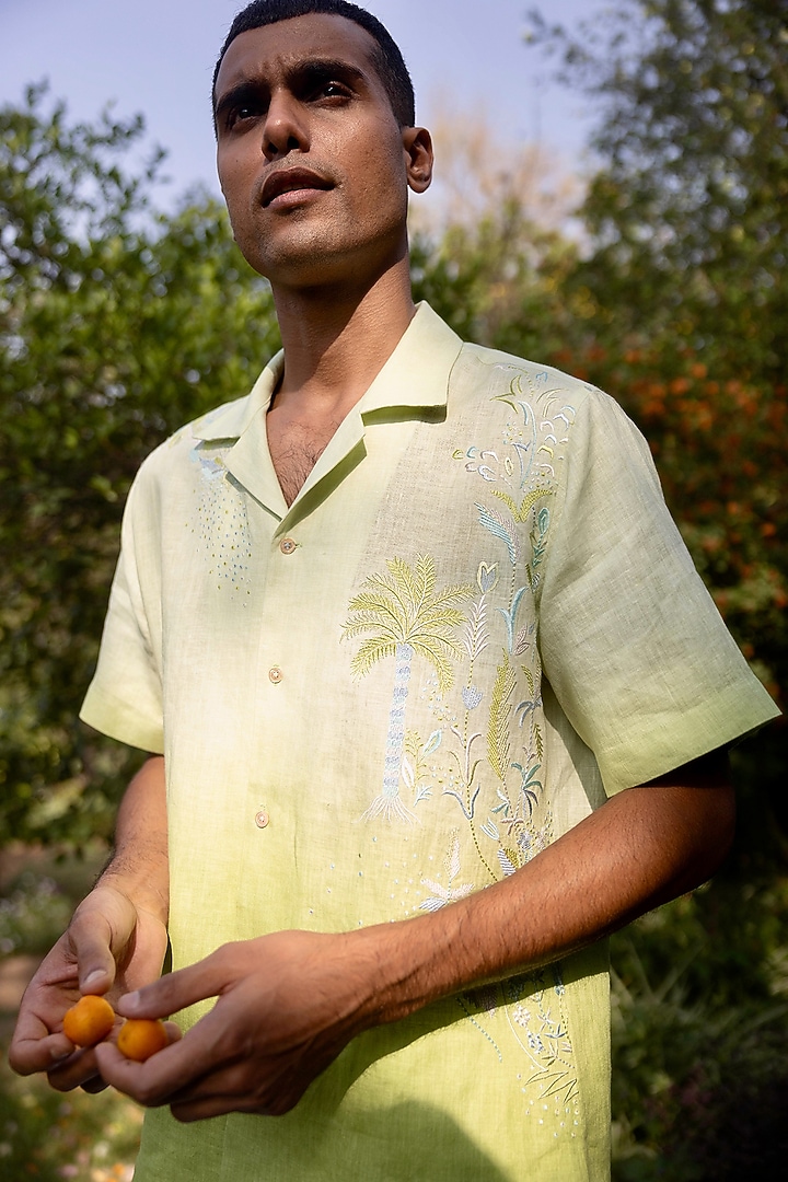 Green Ombre-Dyed Pure Linen Embroidered Party Wear Shirt by ASUKA at Pernia's Pop Up Shop