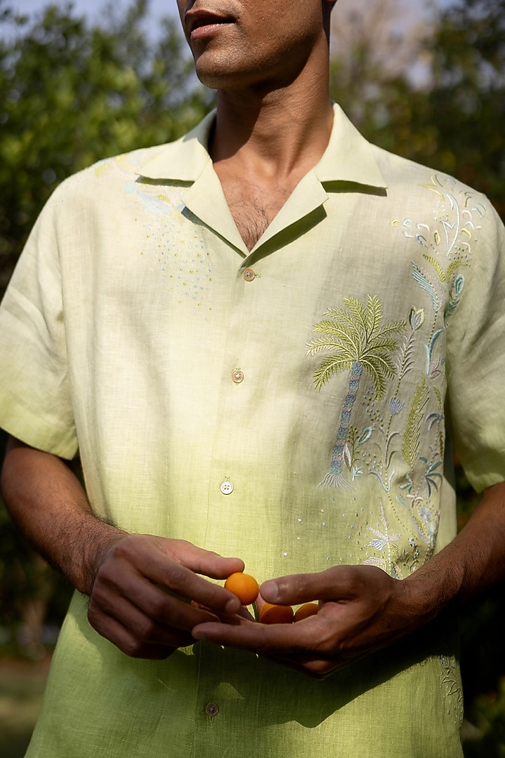 Green Ombre-Dyed Pure Linen Embroidered Party Wear Shirt by ASUKA at Pernia's Pop Up Shop