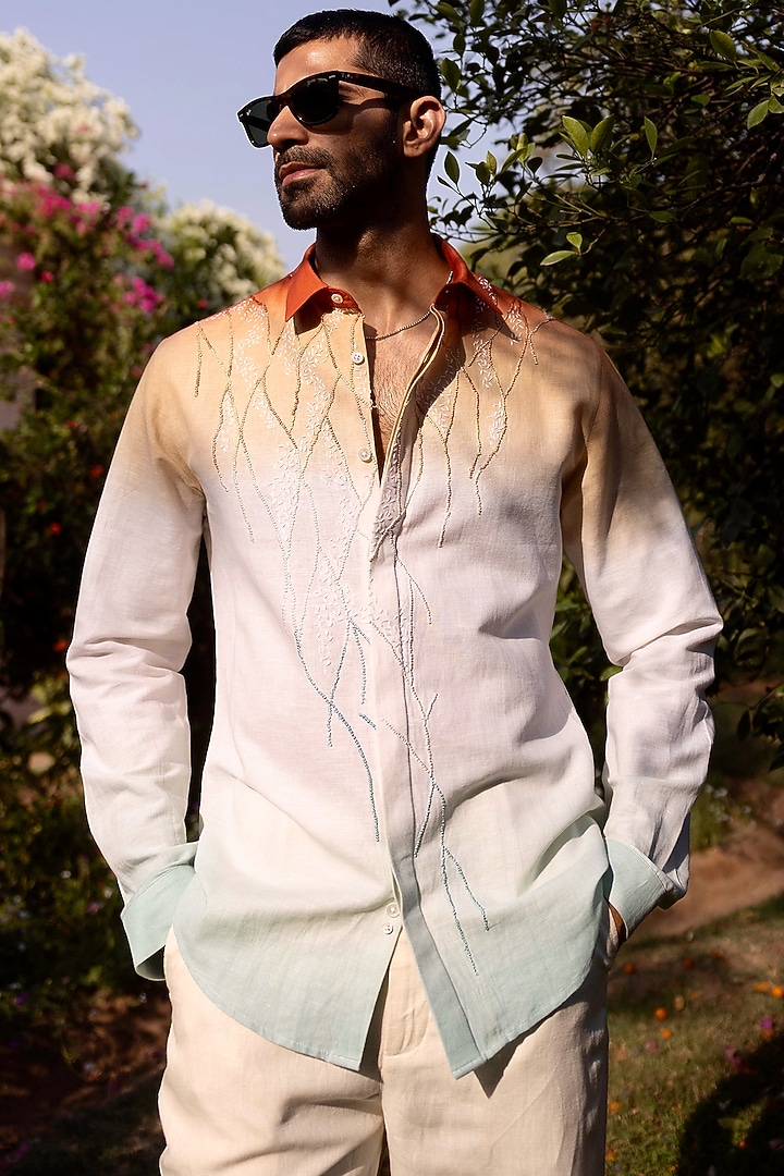 Burnt Saffron-Seafoam Ombre Pure Linen Hand Embroidered Shirt by ASUKA