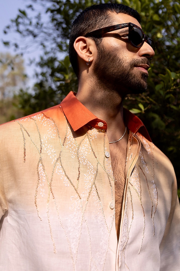 Burnt Saffron-Seafoam Ombre Pure Linen Hand Embroidered Party Wear Shirt by ASUKA at Pernia's Pop Up Shop