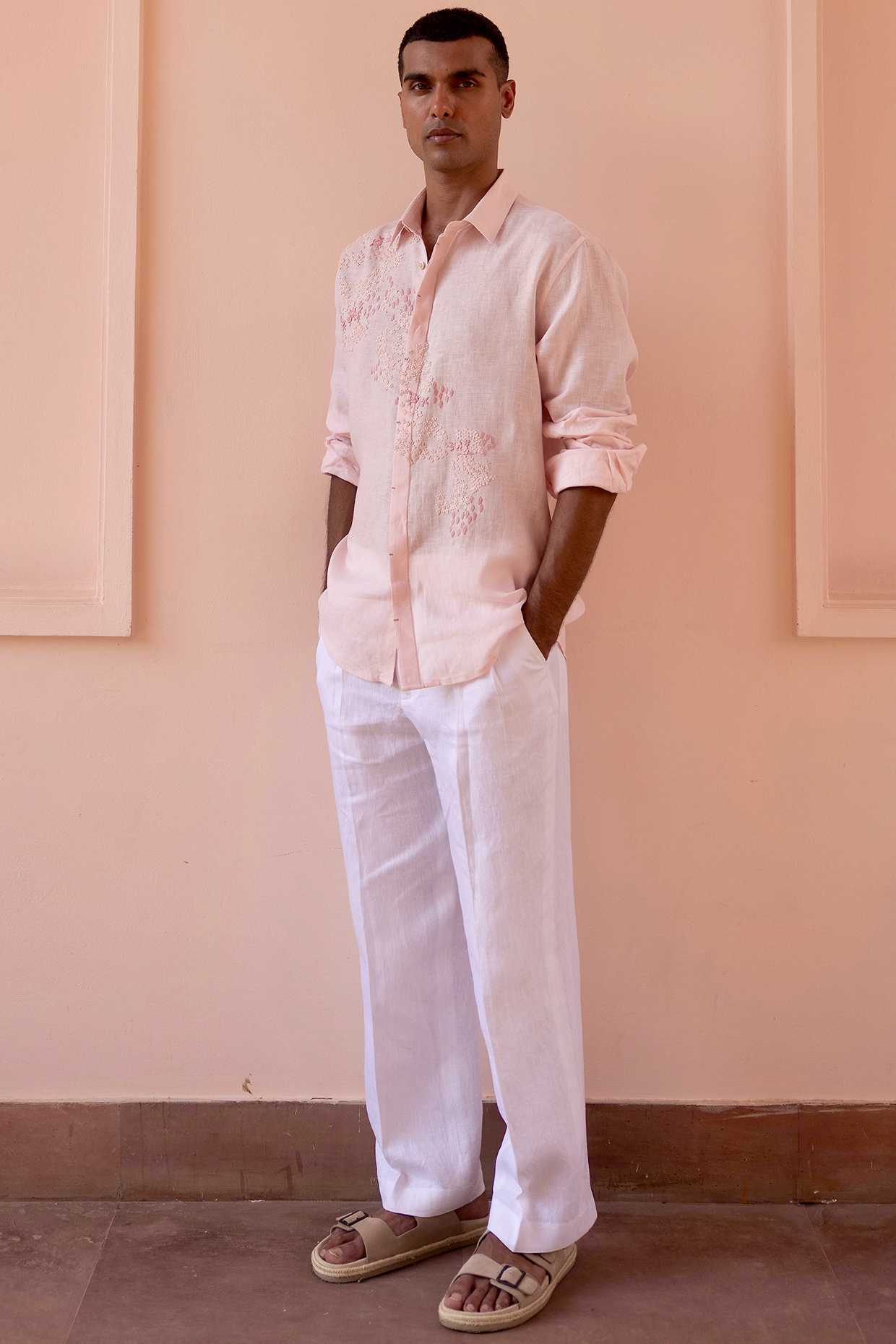 Baby Pink Pure Linen Hand Embroidered Shirt by ASUKA