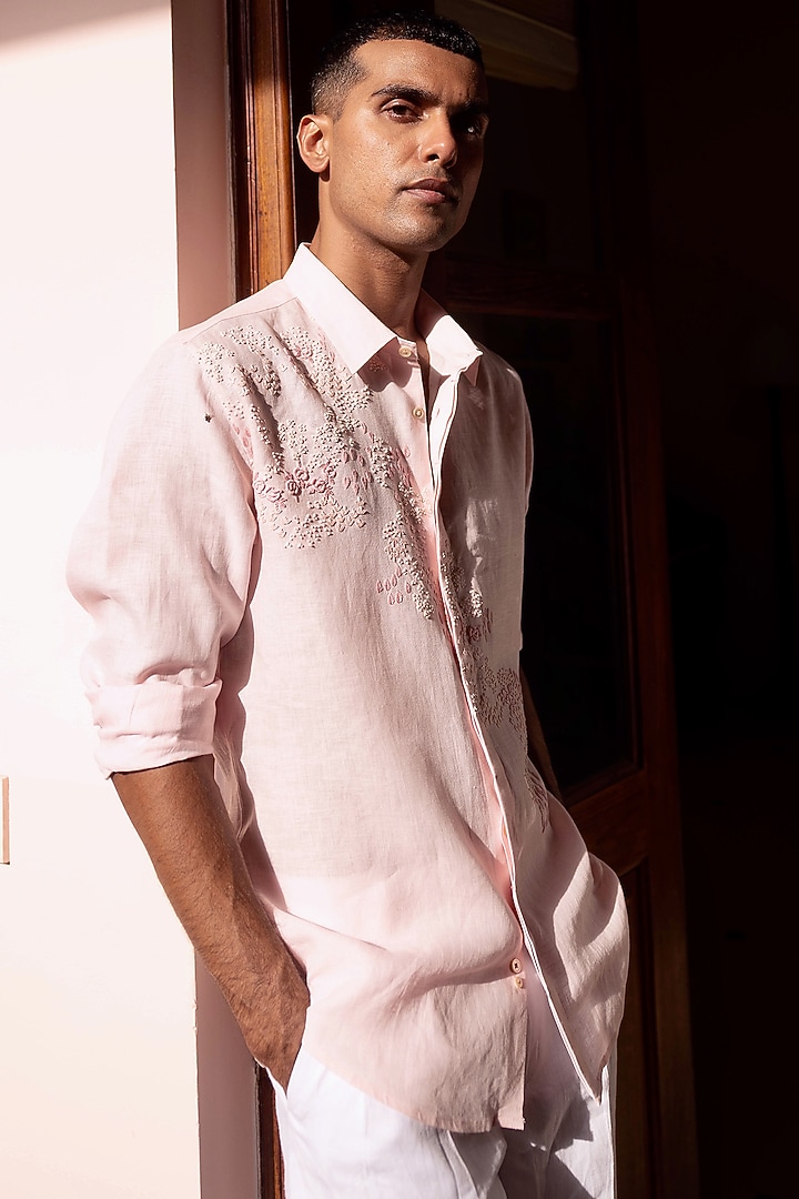 Baby Pink Pure Linen Hand Embroidered Party Wear Shirt by ASUKA at Pernia's Pop Up Shop