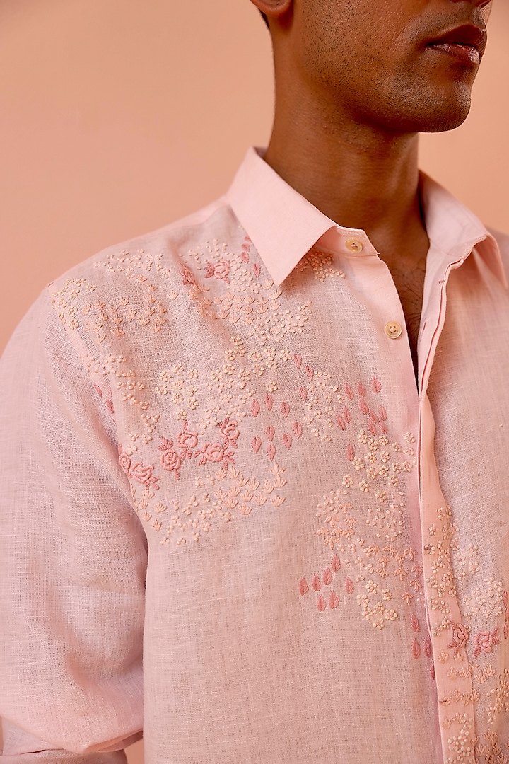 Baby Pink Pure Linen Hand Embroidered Party Wear Shirt by ASUKA at Pernia's Pop Up Shop