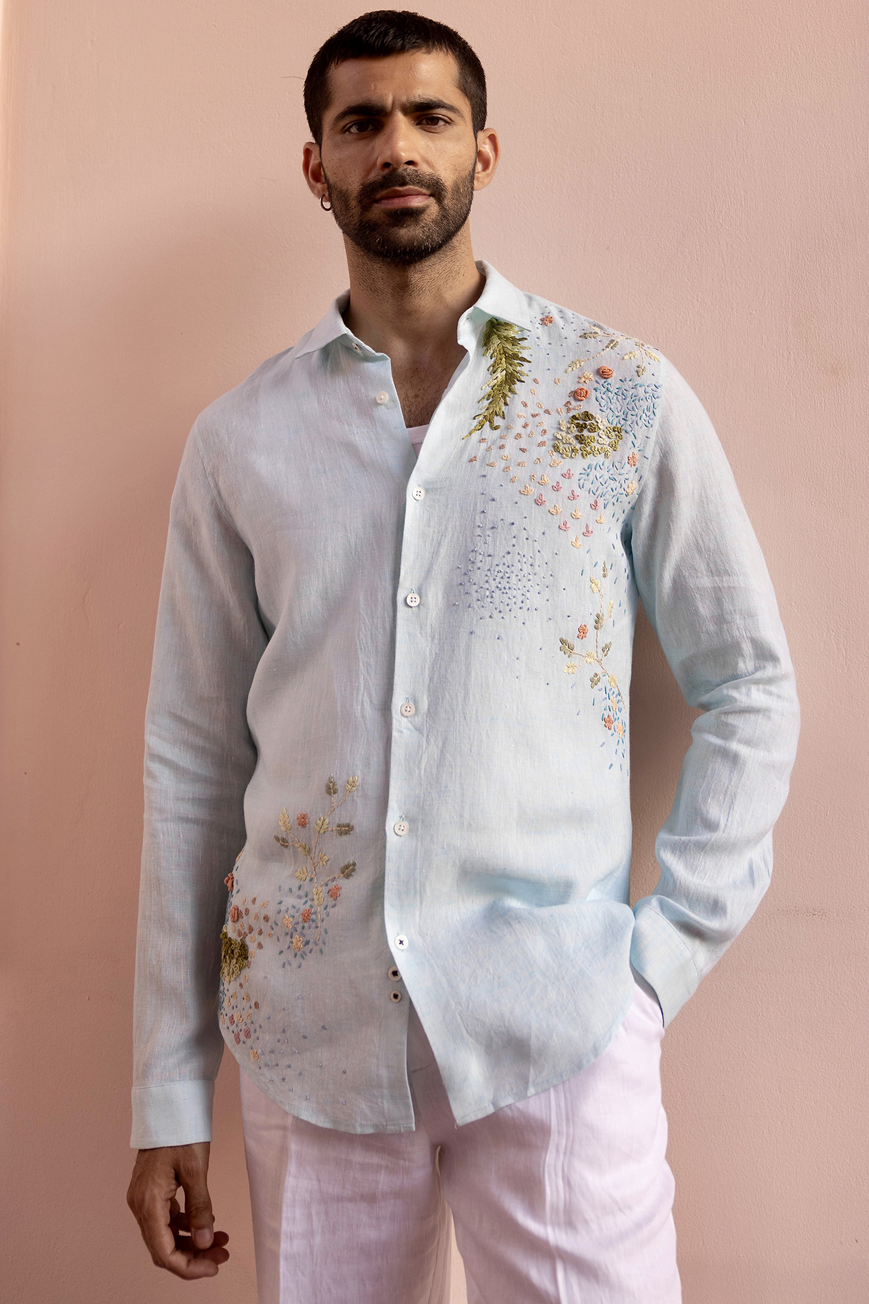 Seafoam Light Blue Pure Linen Hand Embroidered Shirt by ASUKA