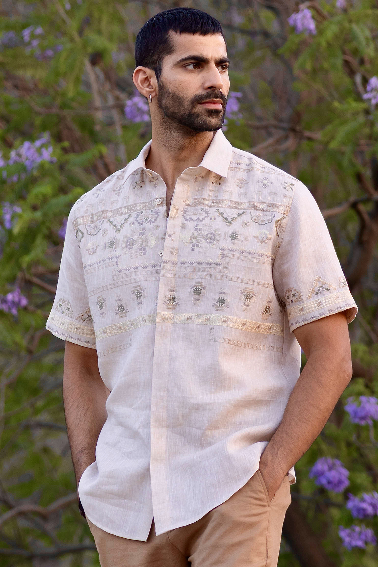 Beige Chambray Pure Linen Embroidered Shirt by ASUKA