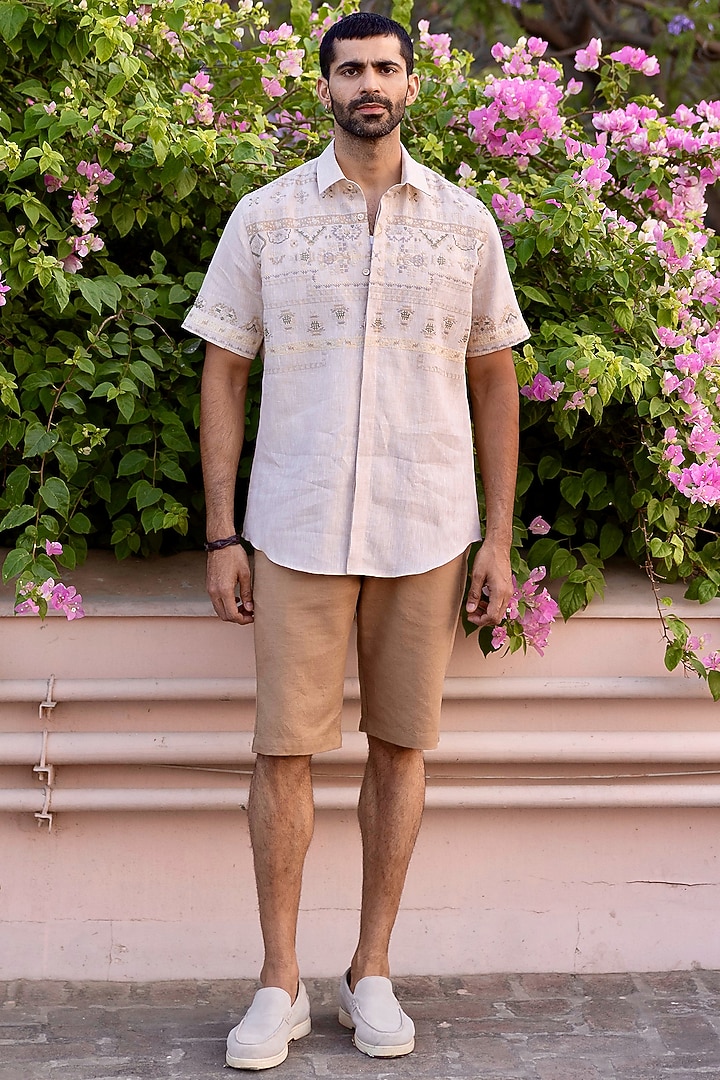 Beige Chambray Pure Linen Embroidered Party Wear Shirt by ASUKA at Pernia's Pop Up Shop