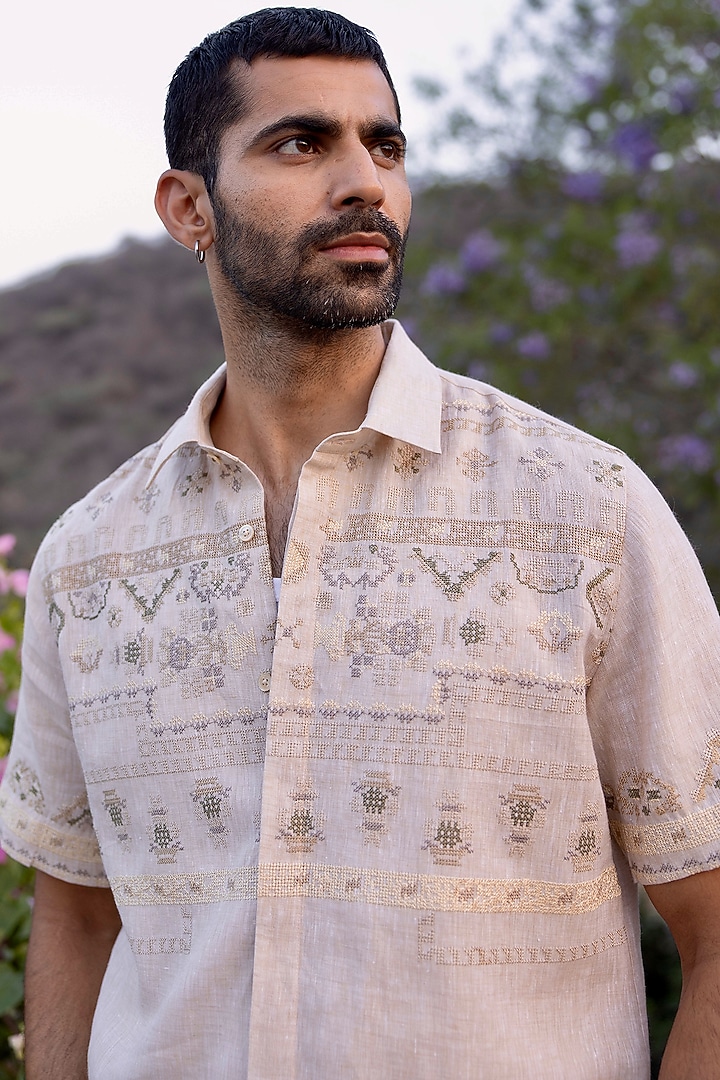 Beige Chambray Pure Linen Embroidered Party Wear Shirt by ASUKA at Pernia's Pop Up Shop