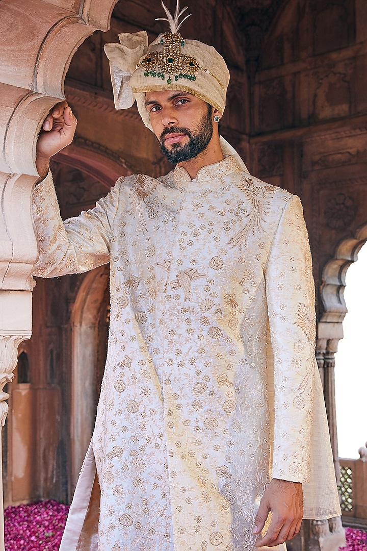 Cream Raw Silk Embroidered Groom Sherwani Set by ASUKA at Pernia's Pop Up Shop