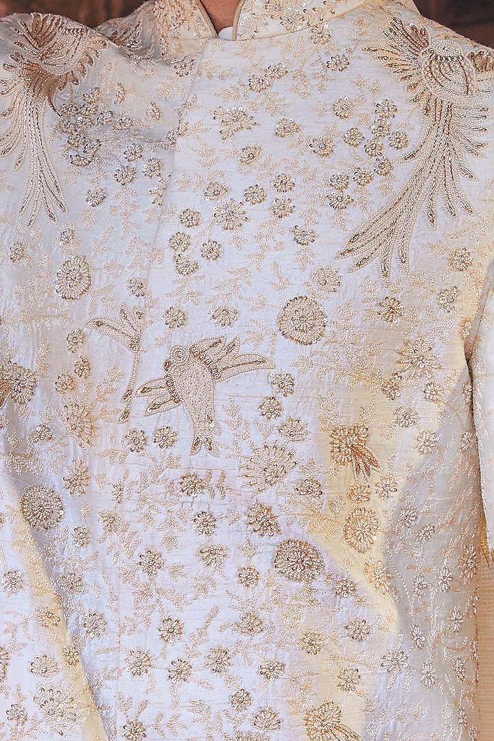 Cream Raw Silk Embroidered Groom Sherwani Set by ASUKA at Pernia's Pop Up Shop