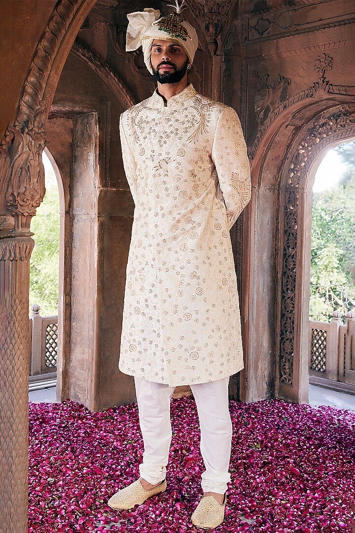 Cream Raw Silk Embroidered Groom Sherwani Set by ASUKA at Pernia's Pop Up Shop