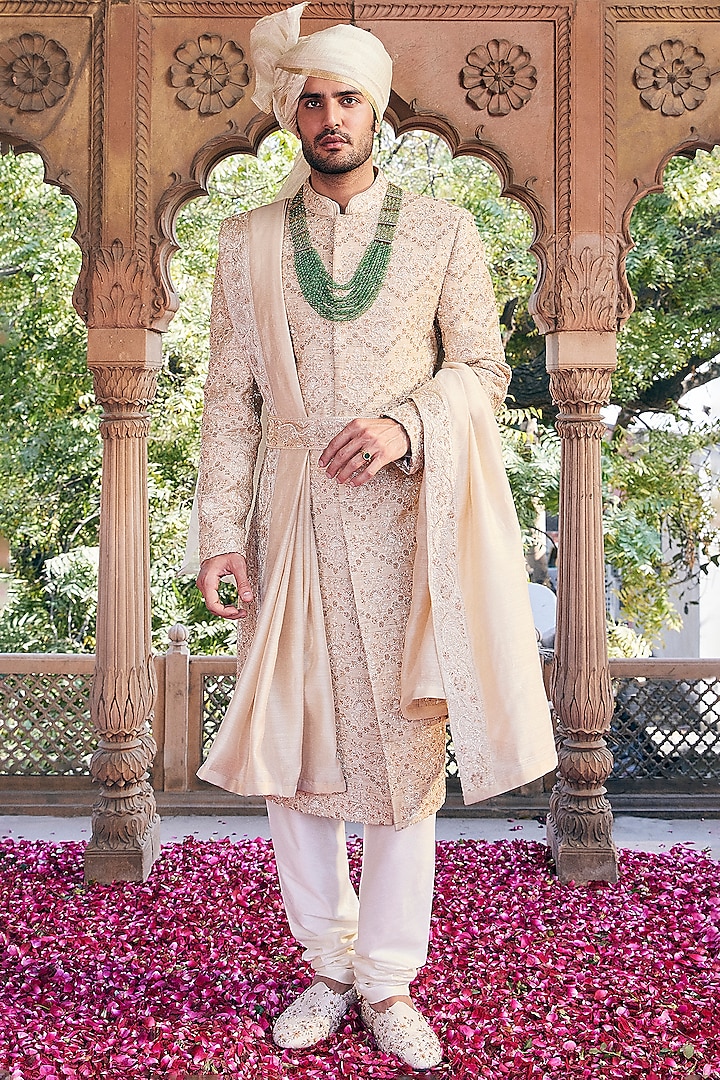 Cream Matka Silk Hand Embroidered Sherwani Set by ASUKA