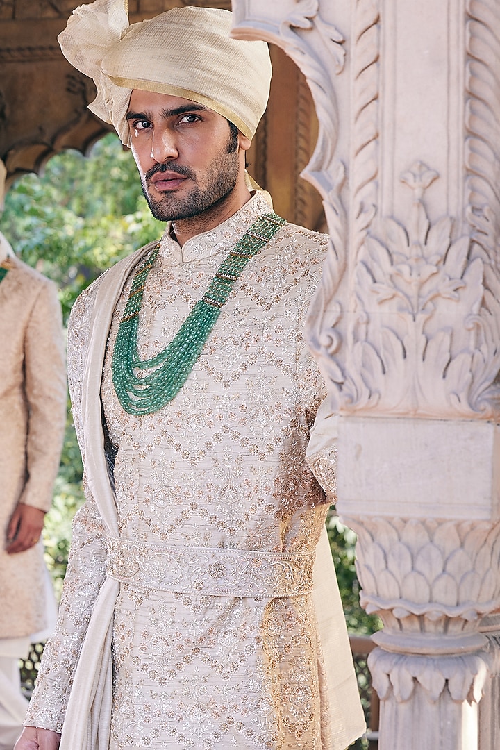 Cream Matka Silk Hand Embroidered Groom Sherwani Set by ASUKA at Pernia's Pop Up Shop