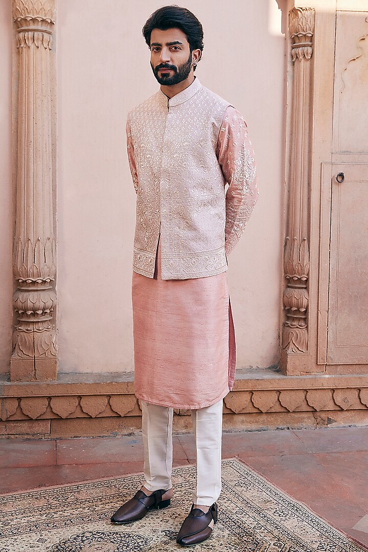 Peach Raw Silk Embroidered Bundi Set by ASUKA at Pernia's Pop Up Shop