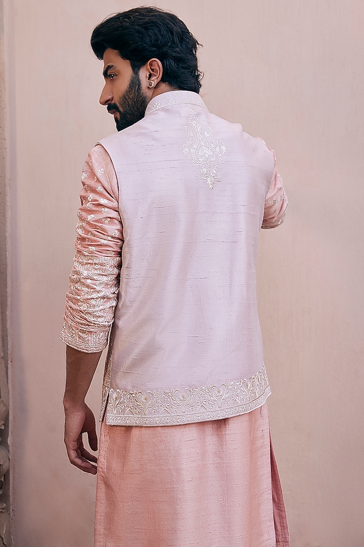 Peach Raw Silk Embroidered Bundi Set by ASUKA at Pernia's Pop Up Shop