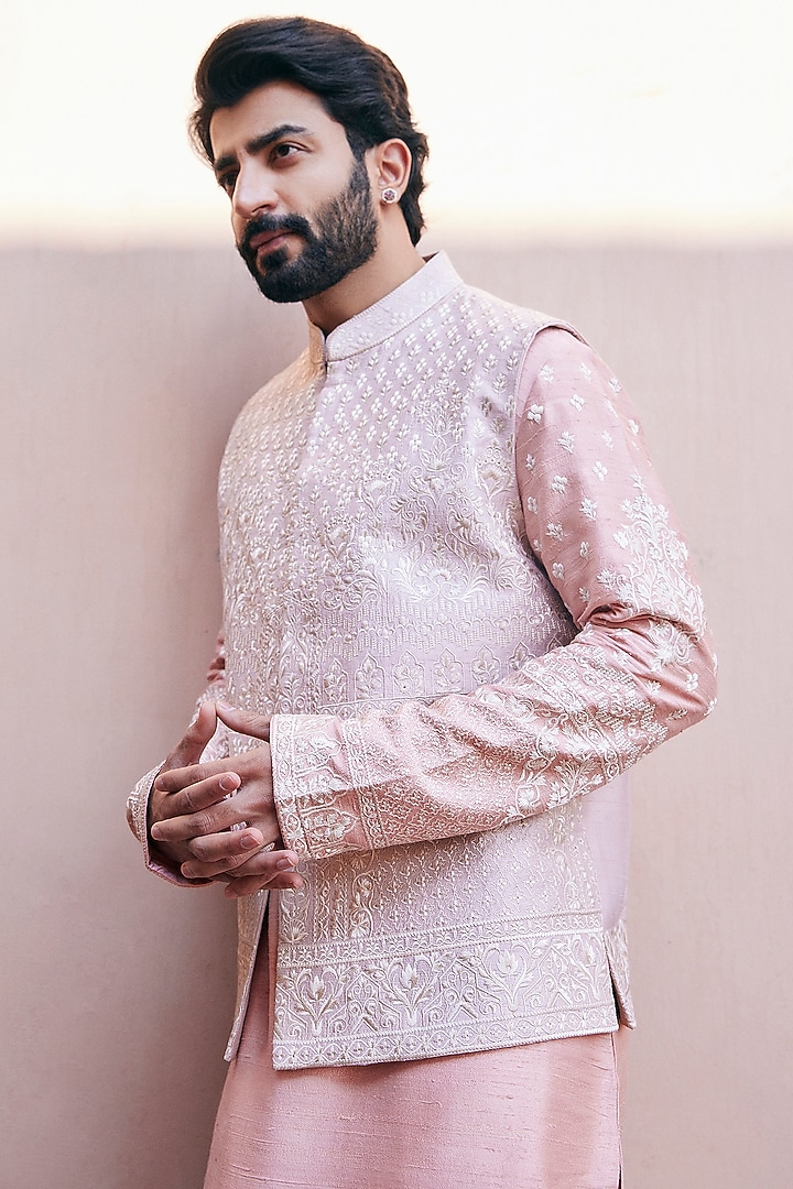 Peach Raw Silk Embroidered Bundi Set by ASUKA at Pernia's Pop Up Shop