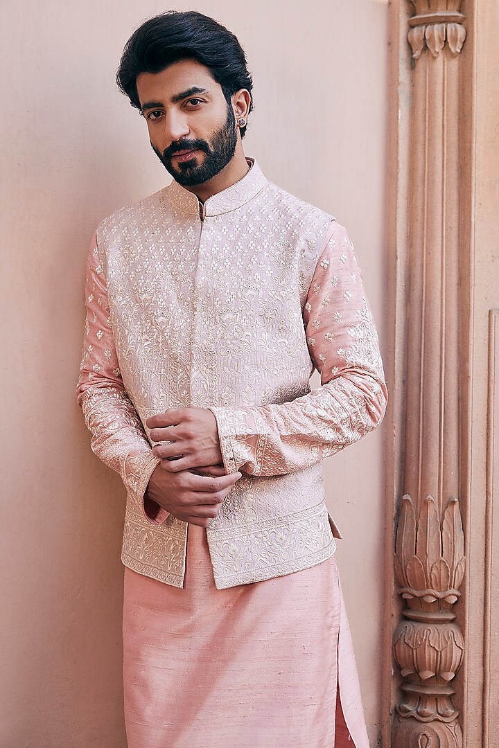 Peach Raw Silk Embroidered Bundi Set by ASUKA at Pernia's Pop Up Shop